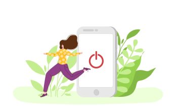 Ilustración de figura femenina saliendo de una pantalla de móvil hacia un entorno de vegetación.
