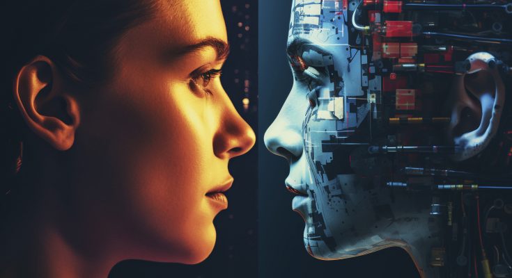 Retratos de persona y robot, de perfil, mirándose entre sí