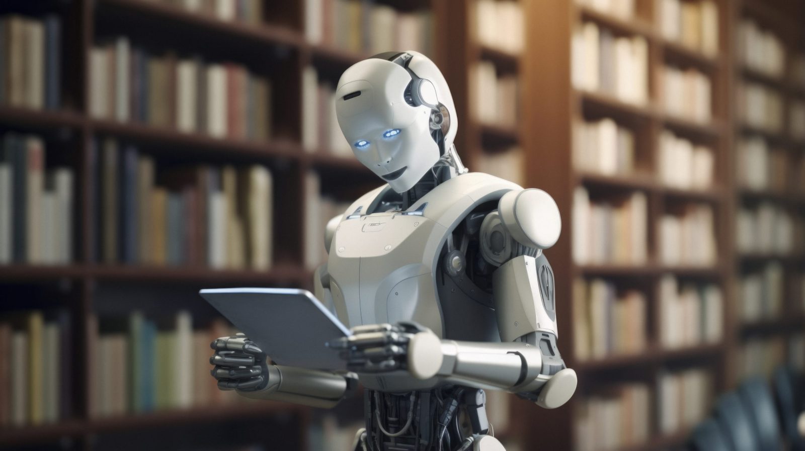 Robot con figura humana mirando una Tablet en una biblioteca